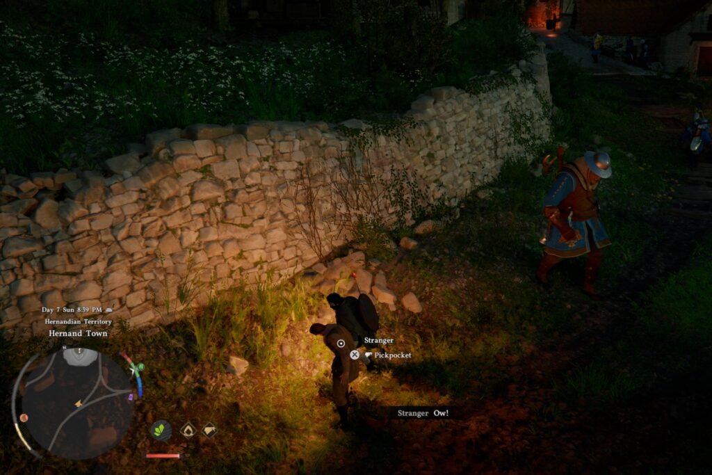 Pickpocketing a victim in Crimson Desert.