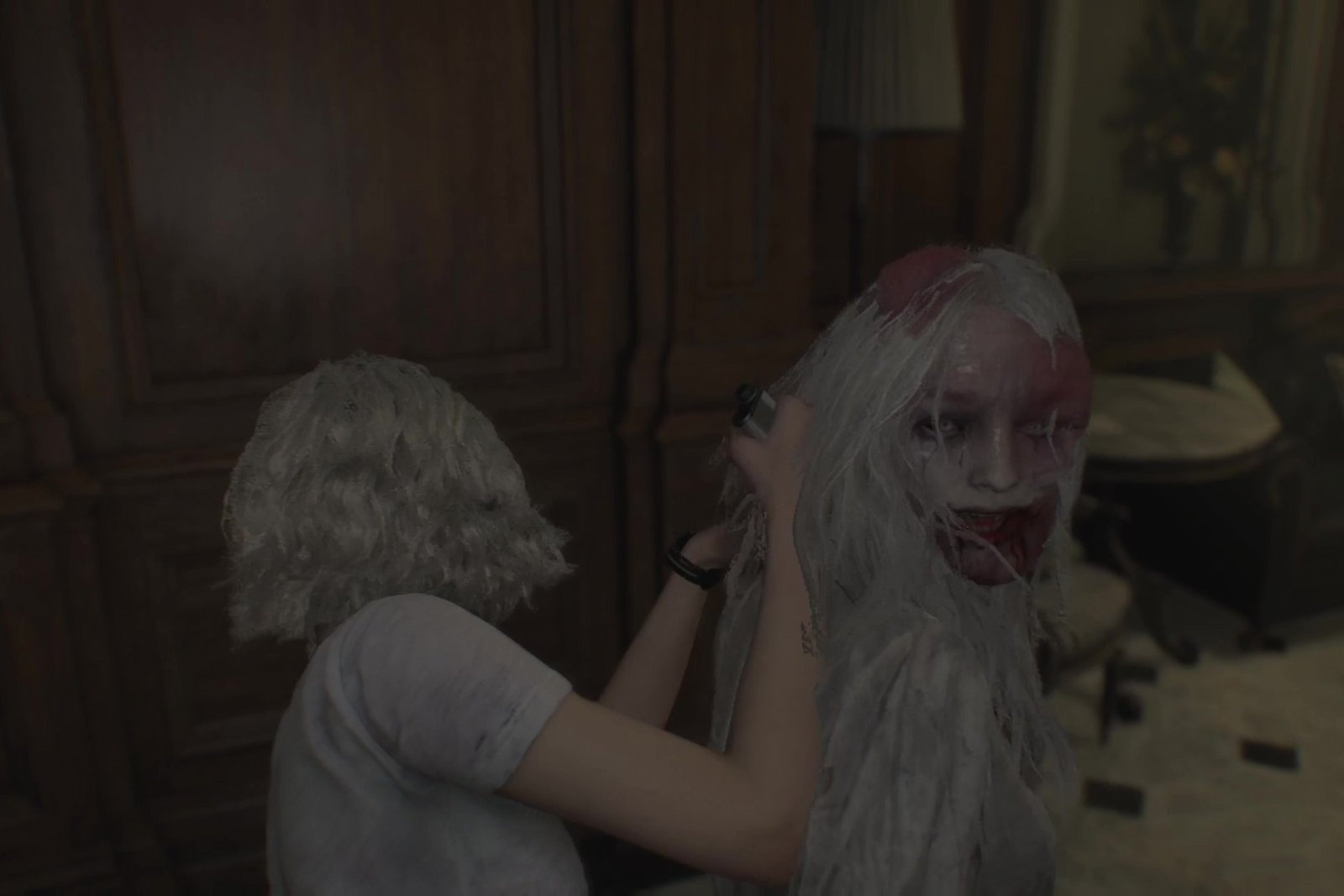 Grace using a hemolytic injector on the singing zombie from the west wing in resident evil requiem