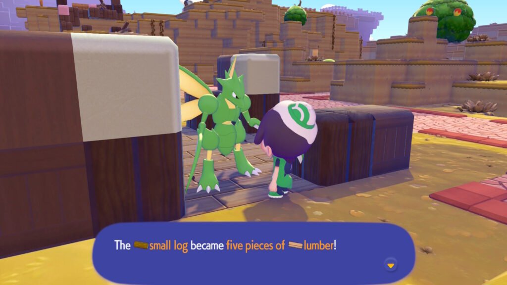 Scyther converting logs into lumber in Pokemon Pokopia.