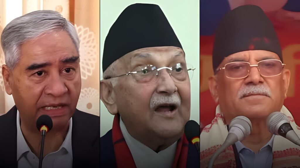 Sher Bahadur Deuba, Former Prime Mister KP Sharma Oli, and Pushpa Kamal Dahal at the 2026 Nepal Elections