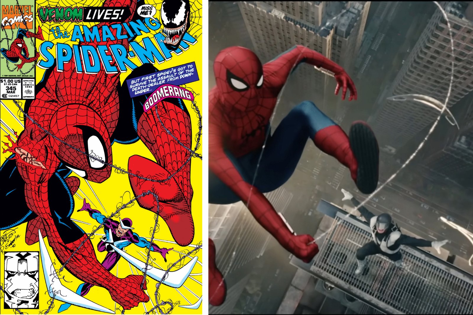 Comic book cover next to brand new day recreation of spidey fighting boomerang