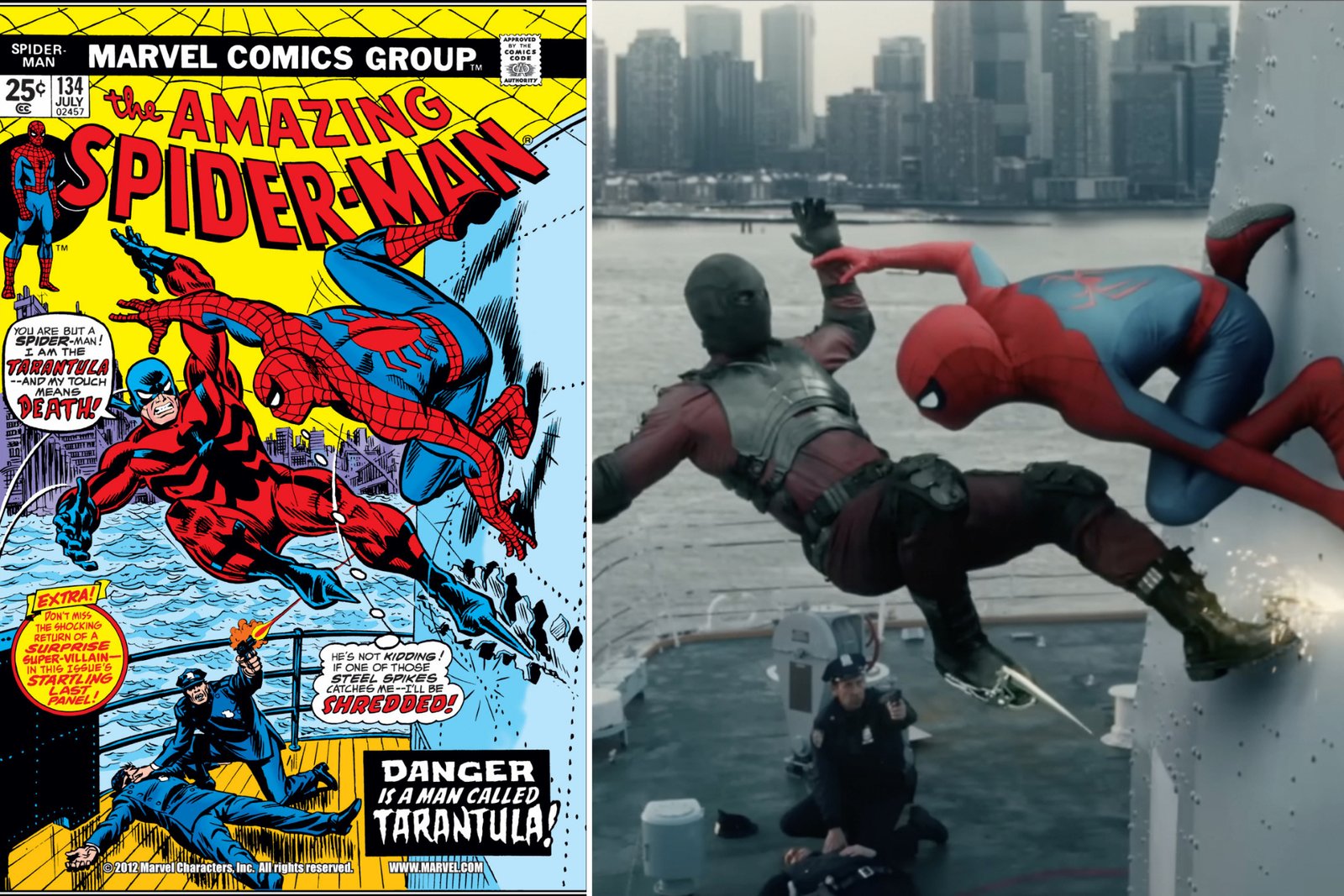 Comic book cover next to brand new day recreation of spidey fighting tarantula
