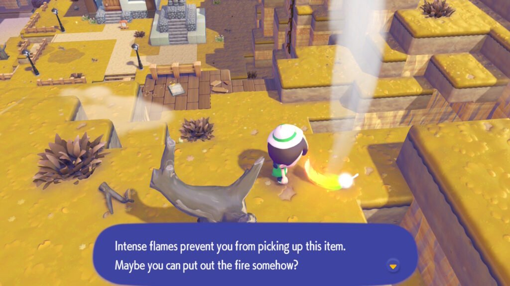 Text explaining that the burning feather is too hot in Pokemon Pokopia.