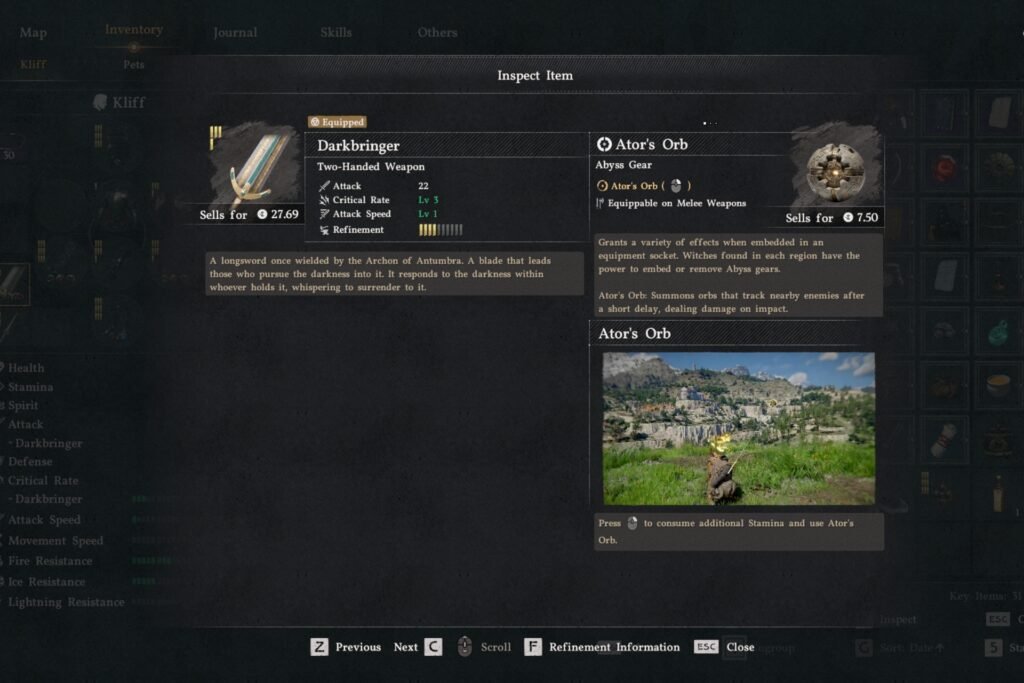 The Darkbringer's stats in Crimson Desert.