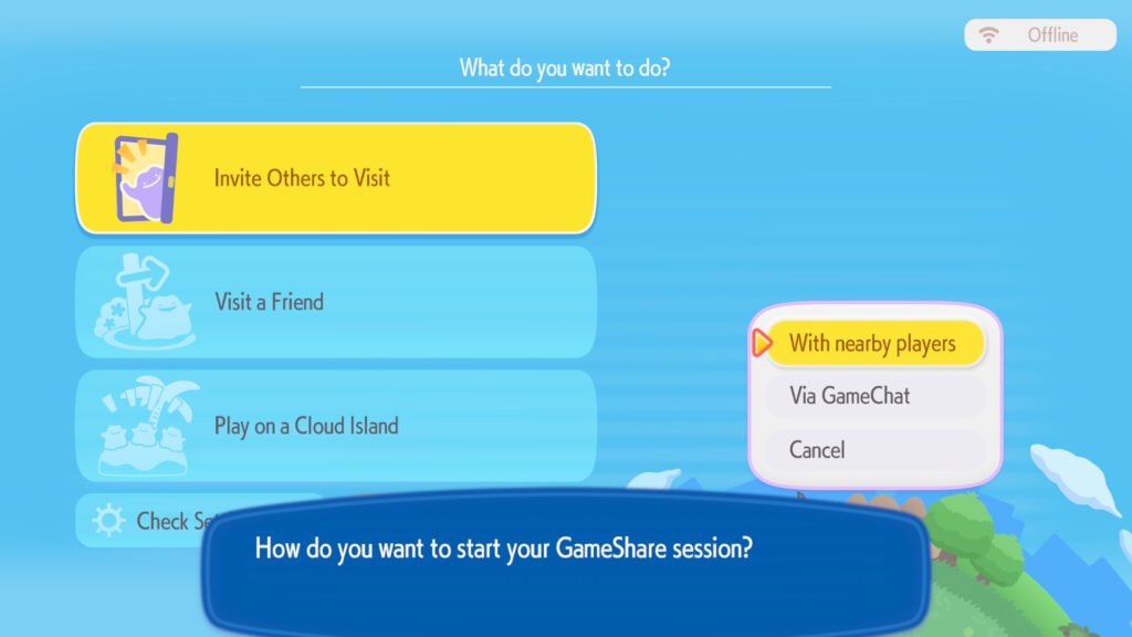 The GameShare prompt menu in Pokemon Pokopia.
