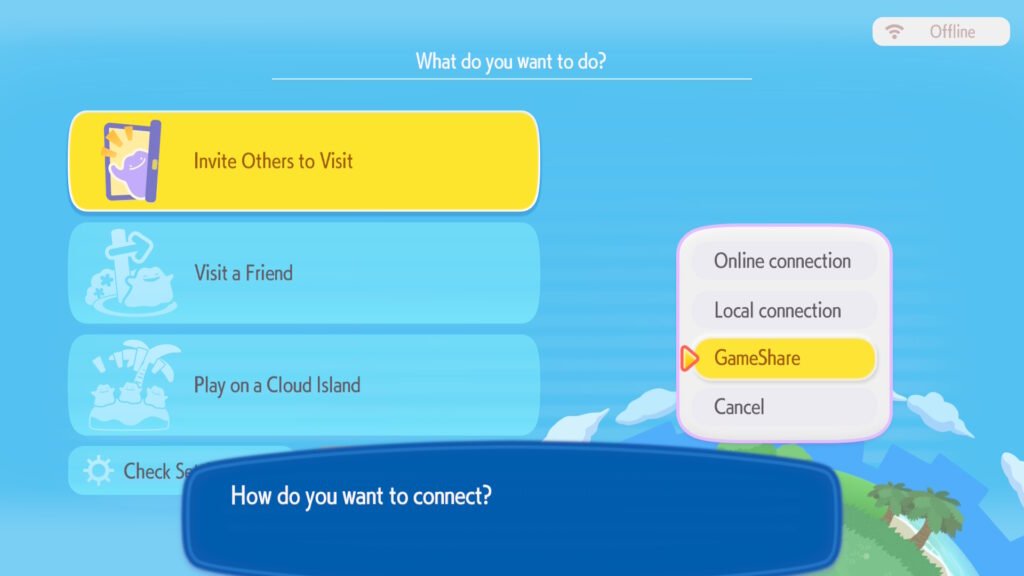 The Invite To Play prompt in Pokemon Pokopia, the GameShare option is available.