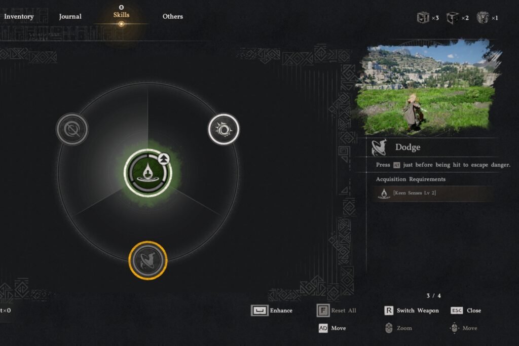 The Keen Senses skill wheel showing the Dodge ability in Crimson Desert,