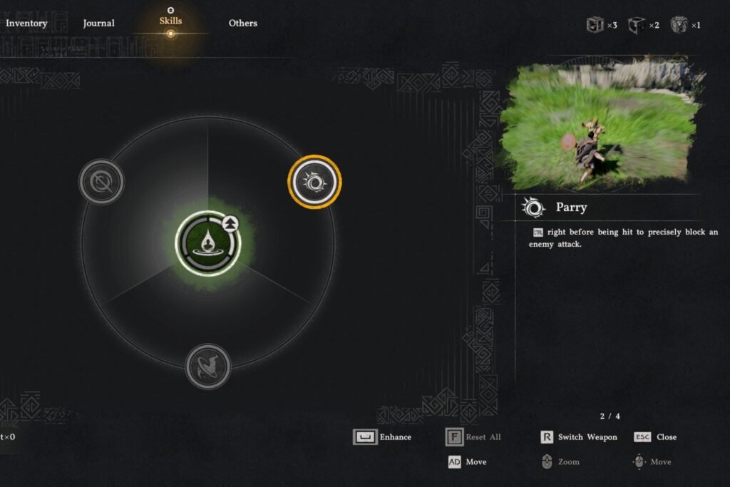 The Keen Senses skill wheel showing the Parry ability in Crimson Desert.