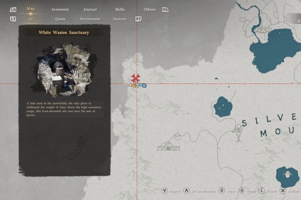 The White Wastes Sanctuary where the Darkbringer sword lies shown on the Crimson Desert map.