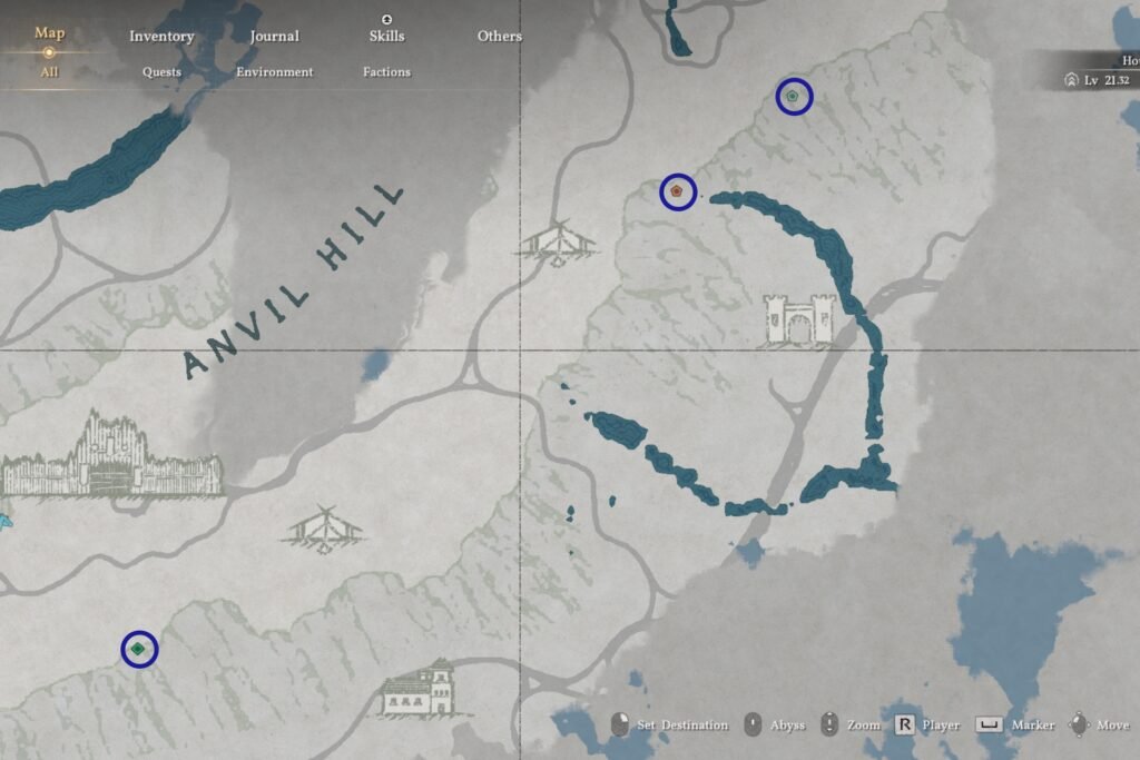 Three markers on the Pywel map showing location of the murals in Crimson Desert