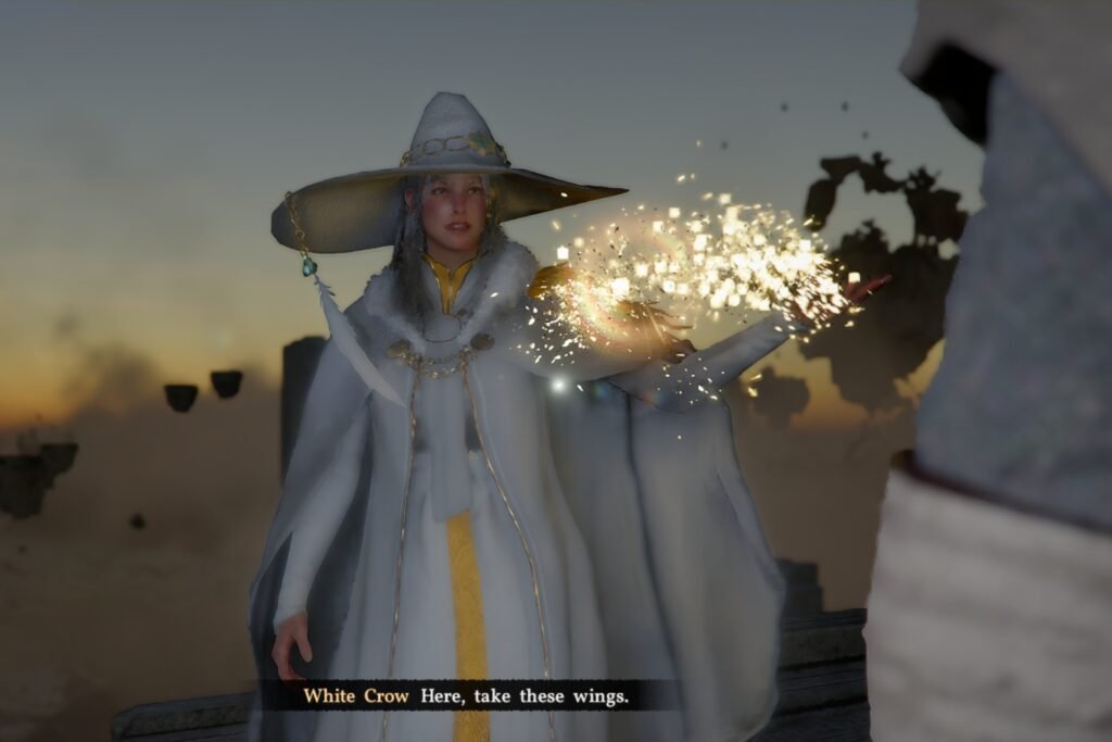 White Crow the Witch telling Kliff to take the wings in Crimson Desert.