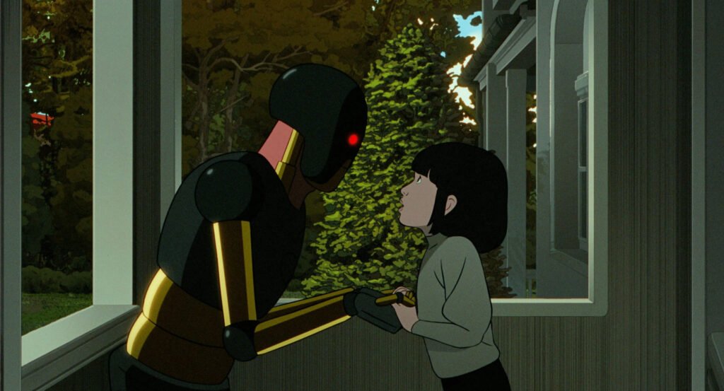 Image from the movie Arco, a robot is holding a little girl's hands.
