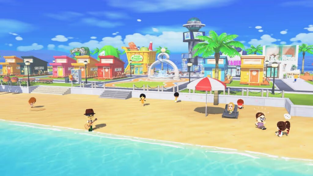 Many Miis relaxing on the beach in Tomodachi Life: Living The Dream.