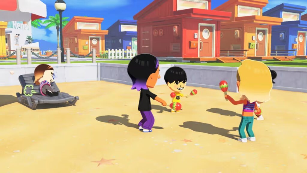 Four Miis relaxing and playing on the beach.
