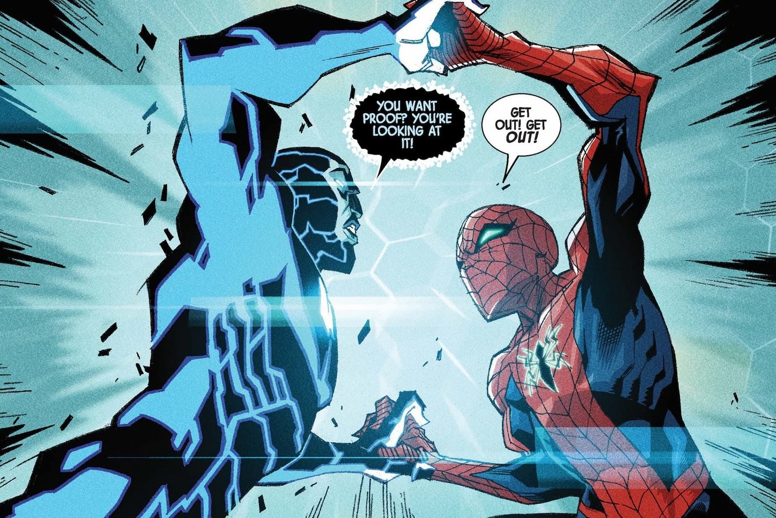 Mosaic and Spider-Man fighting for control of spidey's body